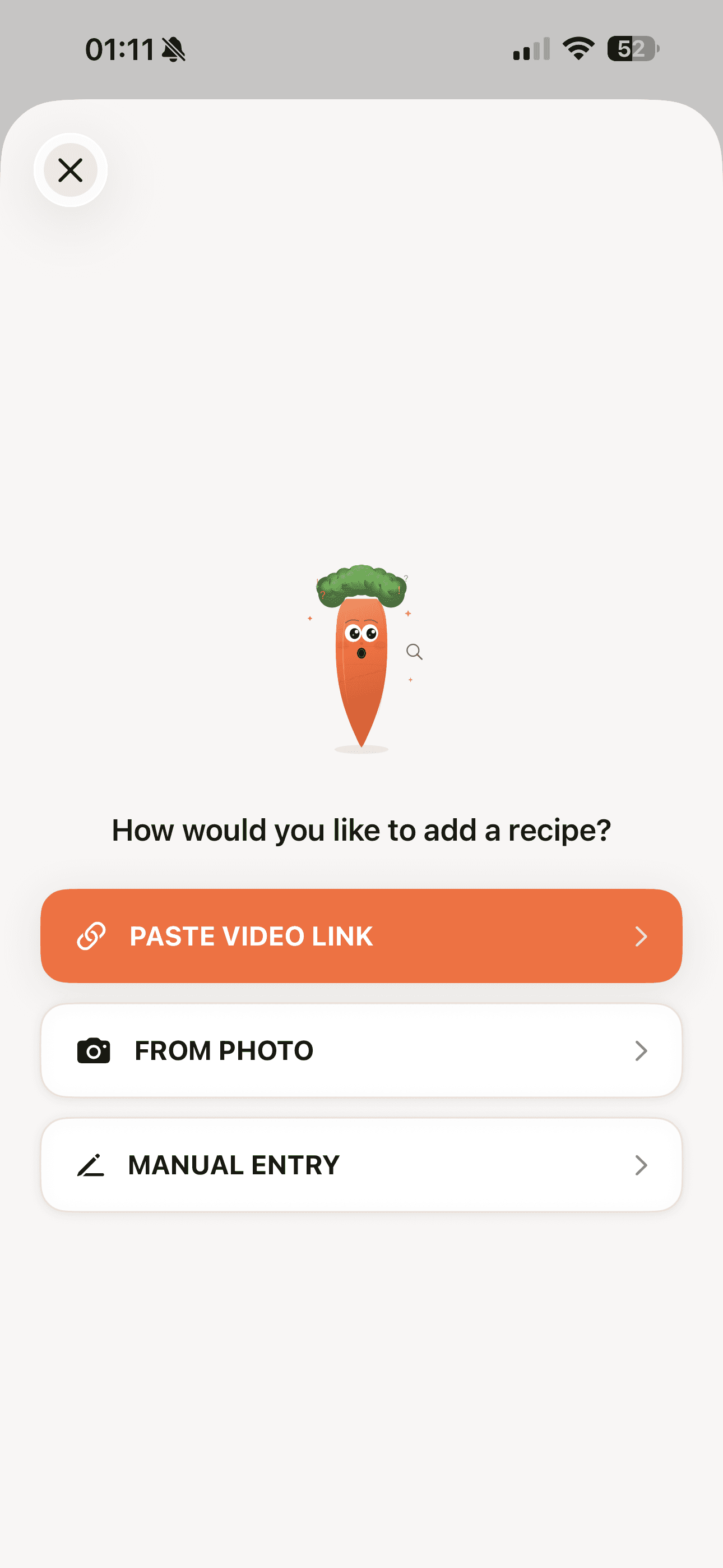 ClipCook options to add a video link, photo, or manually entered recipe