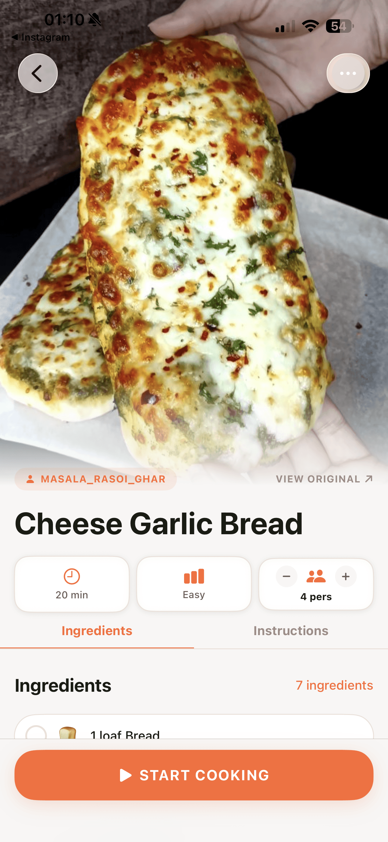 ClipCook recipe detail with cooking time, servings, and cooking mode button