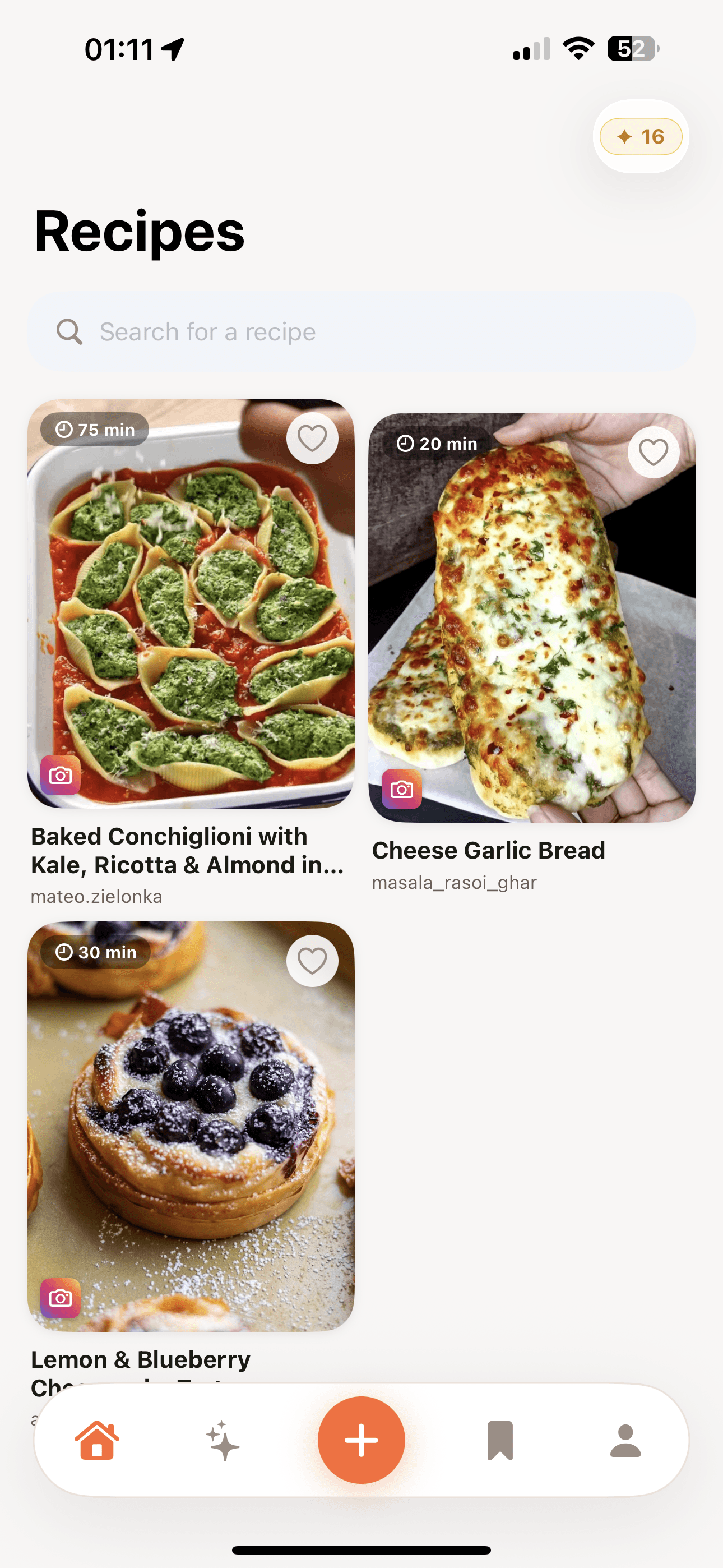 ClipCook recipe library with search, saved recipes, and their source credits