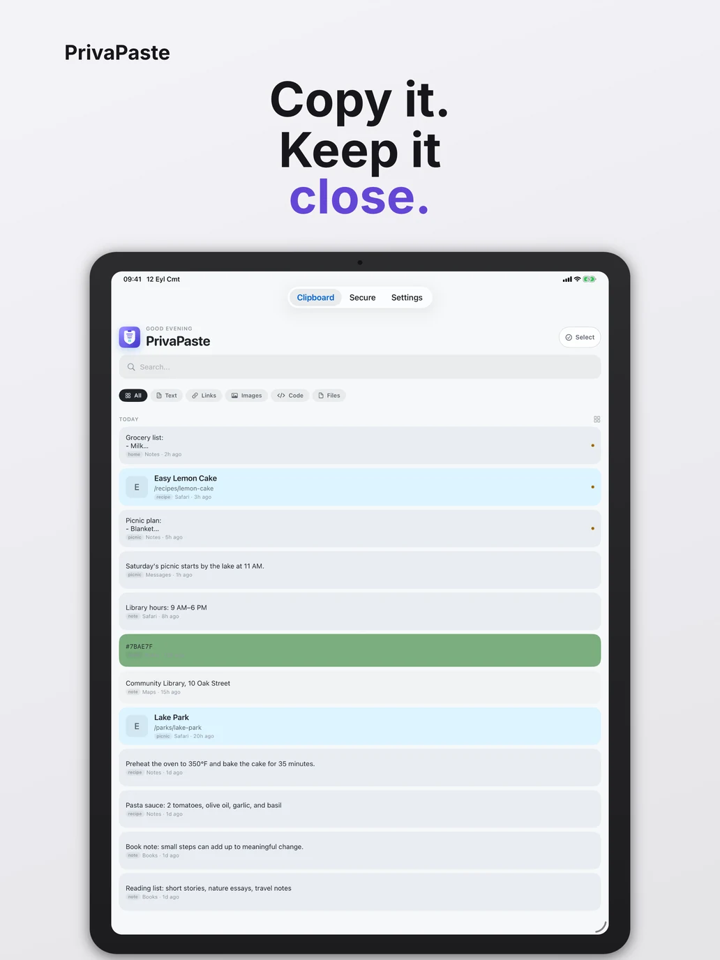 PrivaPaste clipboard history on iPad
