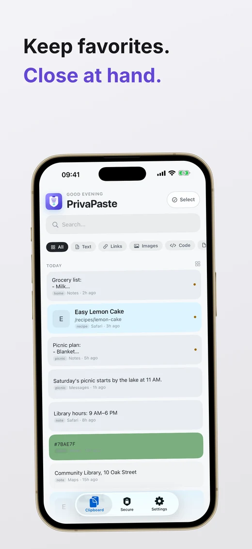 Pin essential clips at the top in PrivaPaste