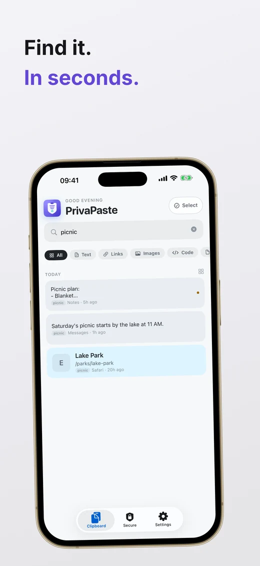 Search PrivaPaste to find a saved clip